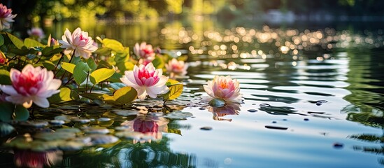 In the beautiful summer garden a background of vibrant green leaves and colorful flowers creates a stunning contrast against the white light reflecting off the glistening water showcasing th - obrazy, fototapety, plakaty
