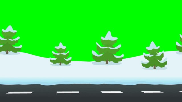 Looped animation of a snowy fir forest with road with foreground and background for parallax scrolling in flat design style with green background, transparency and alpha channel