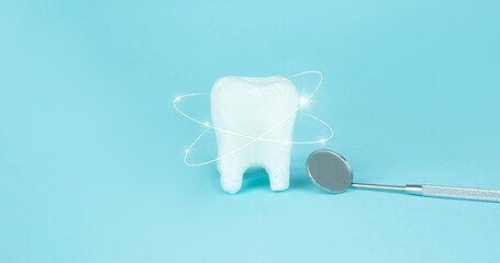 Whitening of human tooth, white shining tooth and dentist mouth mirror, crystal whitening, Teeth enamel protection, Antibacterial mouth cavity care. Oral Care Concept. Dental Hygiene and Health.