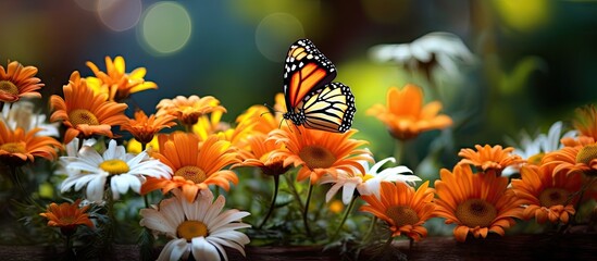 In the beautiful summer garden a colorful bouquet of flowers bloomed attracting a vibrant orange butterfly The white petals adorned with pops of yellow and black created a natural masterpie