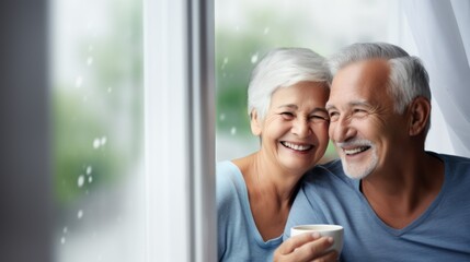 Elderly couple drinking coffee together