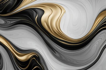 Black Gray and Golden Liquid Fluid Marbled Swirl Waves Texture Banner on White Background
