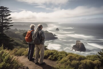 Senior couple admiring the scenic Pacific coast while hiking, filled with wonder at the beauty of nature during their active retirement