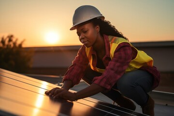 An African woman with protective gear installs solar panels on a roof. with sunset light in the background - obrazy, fototapety, plakaty
