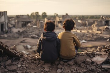 Refugees view from the back looking at damaged homes. people, walking, tourist, building, ruins, city, person, stone, street, wall, homeless, children, ruins, war, refugees, damaged, home, house