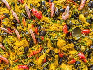 Prawn with rice - close up of prawn with rice - traditional Spanish food paella