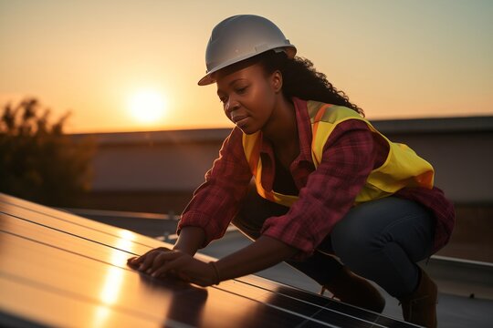 An African woman with protective gear installs solar panels on a roof. with sunset light in the background
