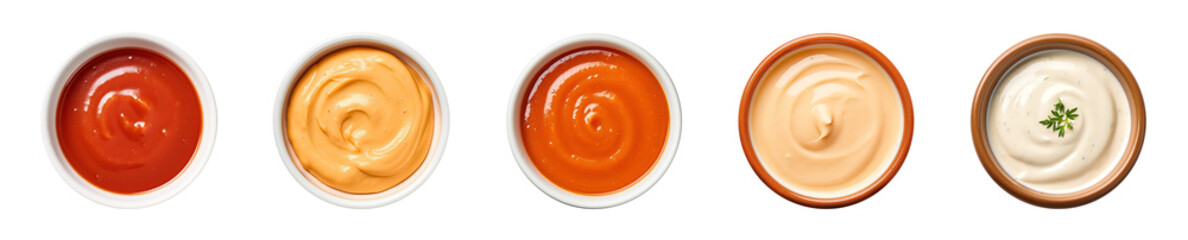 Variety of dipping sauces in bowls viewed from above - obrazy, fototapety, plakaty