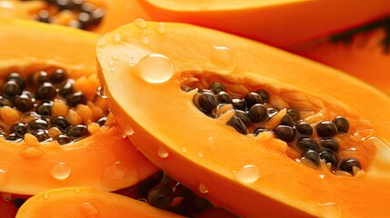  a close up of a papaya cut in half with seeds and seeds on the inside of the papaya.  generative ai