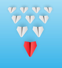Individual red leader paper plane lead other. Business and leadership