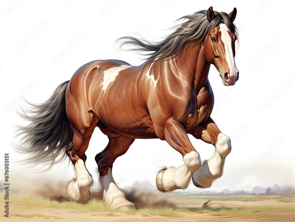 Poster  a brown and white horse running across a grass covered field with a white sky in the background and a white sky in the background.  generative ai