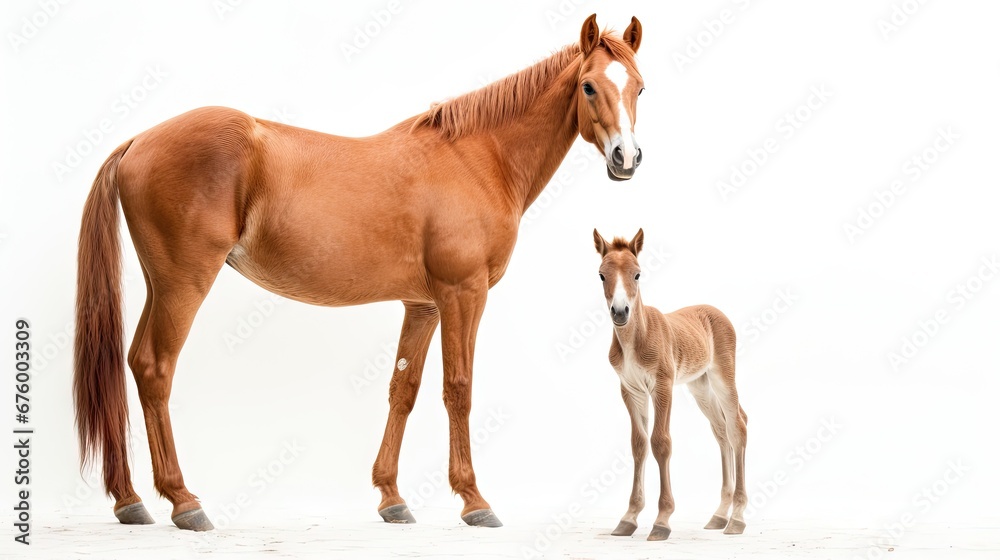 Poster a horse and a foal standing side by side on a white background in front of a white backdrop. generat