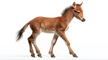  a young foal is standing in front of a white background and looking at the camera with a curious look on its face.  generative ai
