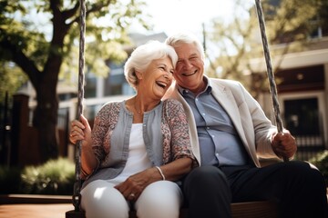 woman man senior couple happy retirement together elderly active vitality park fun smiling love old nature wife happiness mature walking holding hands swing - obrazy, fototapety, plakaty