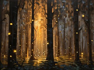 Un bosque surrealista de árboles a contraluz, con sus troncos y ramas iluminados por el cálido resplandor de las luciérnagas - obrazy, fototapety, plakaty
