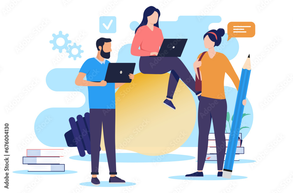 Fototapete studying team of people - group of student vector characters standing with idea light bulb doing sch