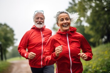 Fototapeta premium woman senior man outdoor running couple lifestyle sport smiling together jogging healthy nature fit happy active retirement exercise fitness run