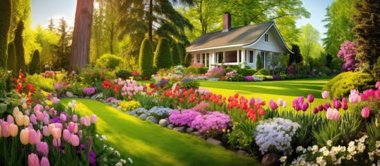Fototapeta na wymiar In the beautiful season of spring nature comes alive with vibrant colors and fragrant flowers The green landscape is adorned with blossoming plants creating a picturesque and breathtaking si