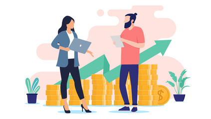 Financial growth people - Business characters standing with computers in front of money and green arrow pointing up. Success and profits concept in flat design vector illustration on white background - obrazy, fototapety, plakaty
