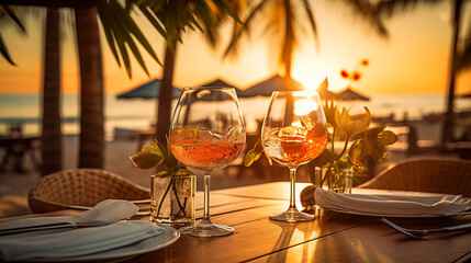 Elegant and select restaurant table at Beach Wine Glass and appetizers on the bar wedding concept dinner service menue holiday vacation in tropical Summer 