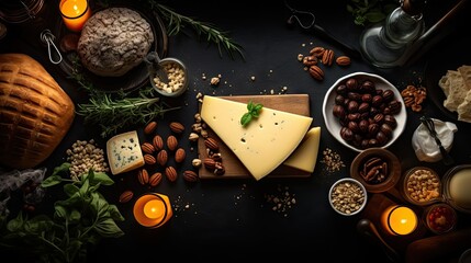 a cheese board with nuts, nuts, cheese, and other food items on a table with candles and candlesticks.  generative ai