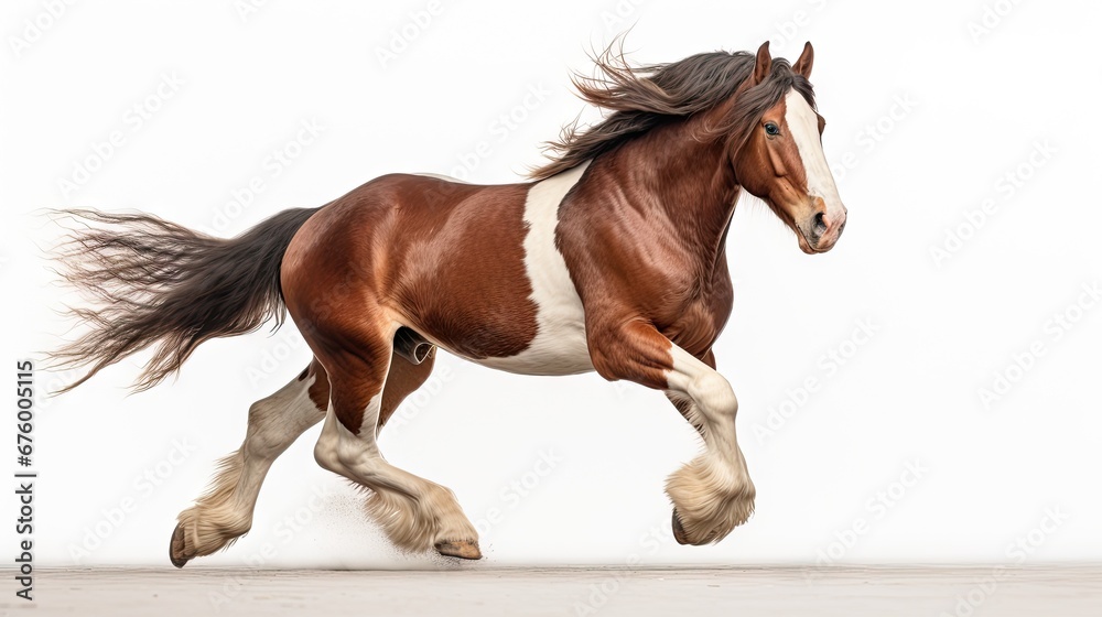 Canvas Prints a brown and white horse is galloping on a white background and it's hair is blowing in the wind. gen