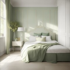 pale green and white bedroom interior design Generative AI