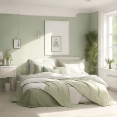 Fototapeta na wymiar pale green and white bedroom interior design Generative AI