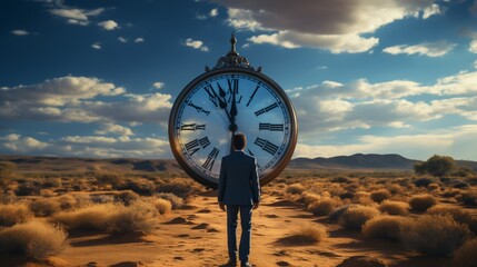 businessman in a suit walks in the desert and has a clock.The importance of time in the world concept. - obrazy, fototapety, plakaty