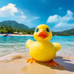 real yellow duck holiday beach, rubber duck in the pool. Generative Ai content wallpaper