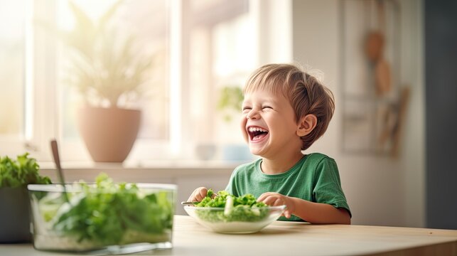  a young boy sitting at a table with a bowl of lettuce and a bowl of salad in front of him.  generative ai