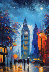 oil painting of Amazing view of Big Ben in London night stars England. watercolor, oil on canvas, wallpaper, buildings, sunset, art, artwork.