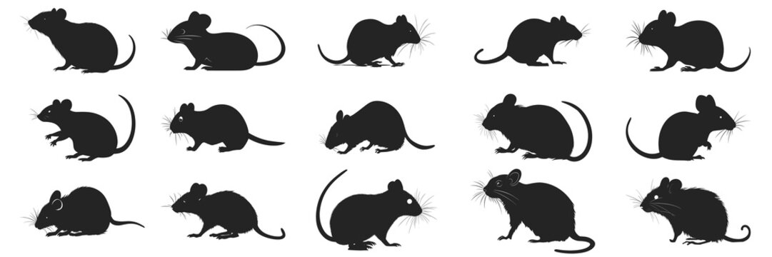 Black mouse illustration. Set mouse silhouette. Minimalist and Flat Logo. Isolated vector image, animal theme, wildlife logo.
