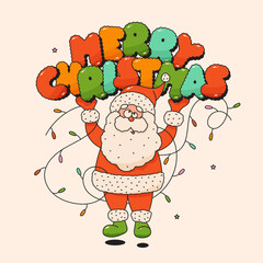 Groovy mascot Santa Claus character with letters Merry Christmas and garland. Imaginary old man with long, white hair, beard and red coat.