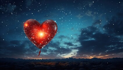 Love is in the Air: A Heart-Shaped Hot Air Balloon in a Starry Night Sky - obrazy, fototapety, plakaty