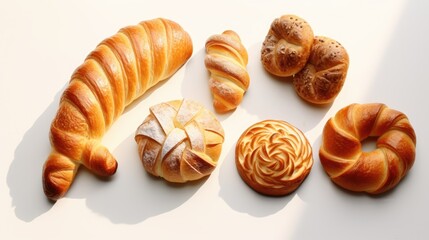  a variety of breads and pastries arranged on a white surface, including a loaves of bread, a loaves of bread, a loaves of bread, and a loaves of bread, and a loaves.  generative ai