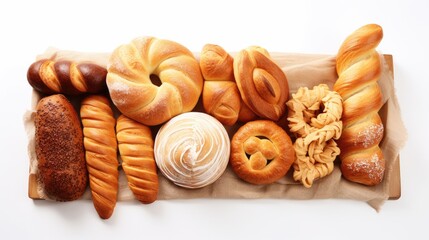  a bunch of different types of breads and pastries on a piece of brown paper on a white background.  generative ai - obrazy, fototapety, plakaty