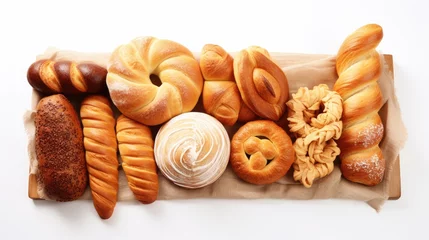 Gardinen  a bunch of different types of breads and pastries on a piece of brown paper on a white background.  generative ai © Shanti
