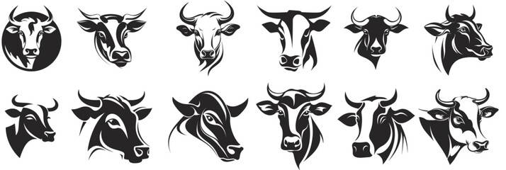 Bull and buffalo head cow animal mascot logo design vector. Black and white cow illustration. Set cow silhouette. Minimalist and Flat Logo
