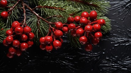 Winter’s Touch: Red Berries on a Pine Branch Against a Black Background