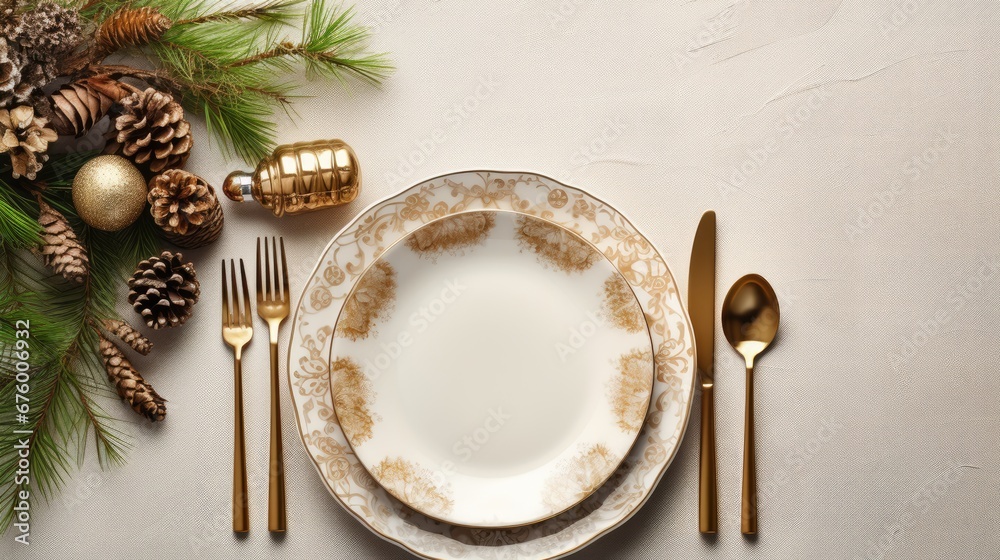 Canvas Prints  a white plate topped with a fork and a knife next to a plate with a gold decoration on top of it.  generative ai