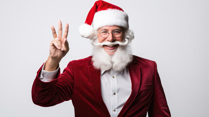 Fototapeta na wymiar A smiling man in a business suit and tie, waving with one hand and wearing a Santa hat, exuding a friendly and festive vibe.