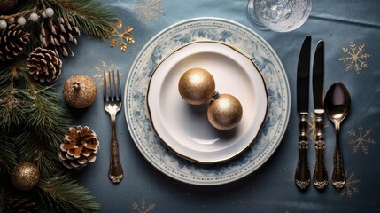 Obraz na płótnie Canvas a white plate topped with three golden eggs on top of a blue table cloth next to silverware and pine cones. generative ai
