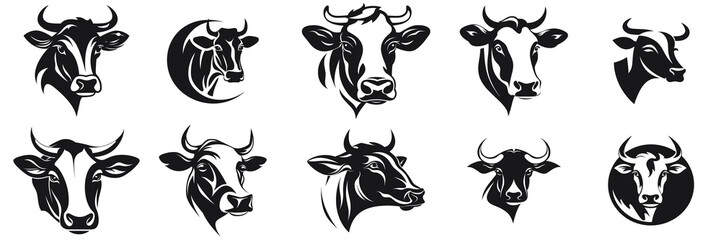 Bull and buffalo head cow animal mascot logo design vector. Black and white cow illustration. Set cow silhouette. Minimalist and Flat Logo - obrazy, fototapety, plakaty