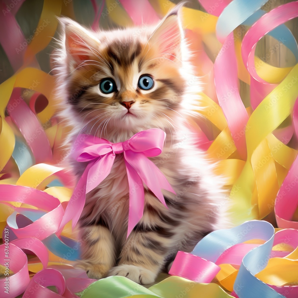 Canvas Prints A kitten with a bow sitting on the floor surrounded by colorful ribbons, AI