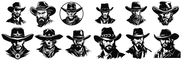 Vintage wanted logo modern cowboy western character person. Set cowboy logo, black and white, emblem or graphic design. wild west vector illustration - obrazy, fototapety, plakaty