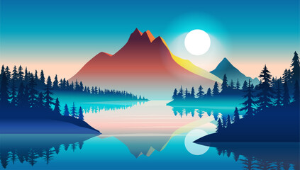 Fototapeta na wymiar Beautiful evening landscape with fog - Foggy lake, mountain and forest in teal and turquoise colour with sunset. Flat design vector illustration wallpaper background