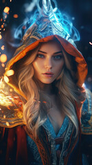 Fototapeta premium Enchantress in Colors: A Stunning and Vibrant Portrayal of a Mystical Female Wizard, Perfect for Screensavers and Desktop Backgrounds 