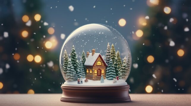  A Snow Globe With A Small House In The Middle Of It And A Lot Of Lights In The Back Ground.  Generative Ai