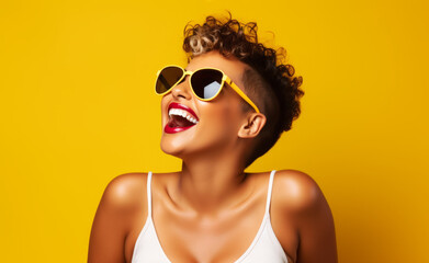 Happy smiling, laughing young trendy sexy curvy women in everyday clothing, fashion, having fun. Isolated on a plain background, Banner - obrazy, fototapety, plakaty